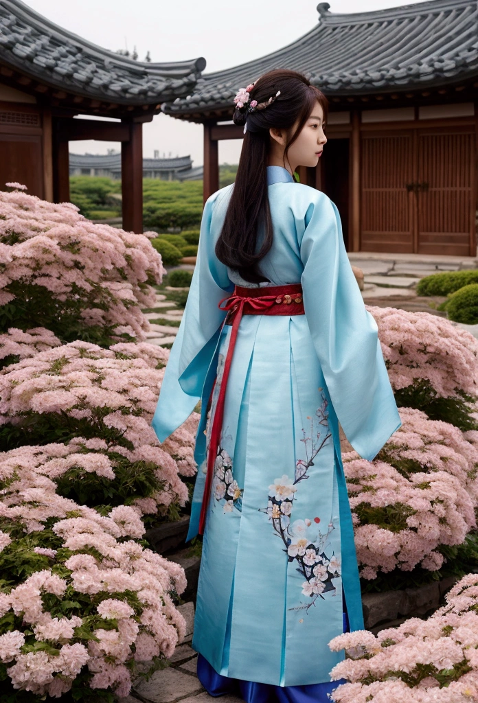 best qualityer, Cao Cao_resolution, distinct_imageio, detailed back ground ,Kizi, Hanbok,flowers,Garden,moonligh, natta,