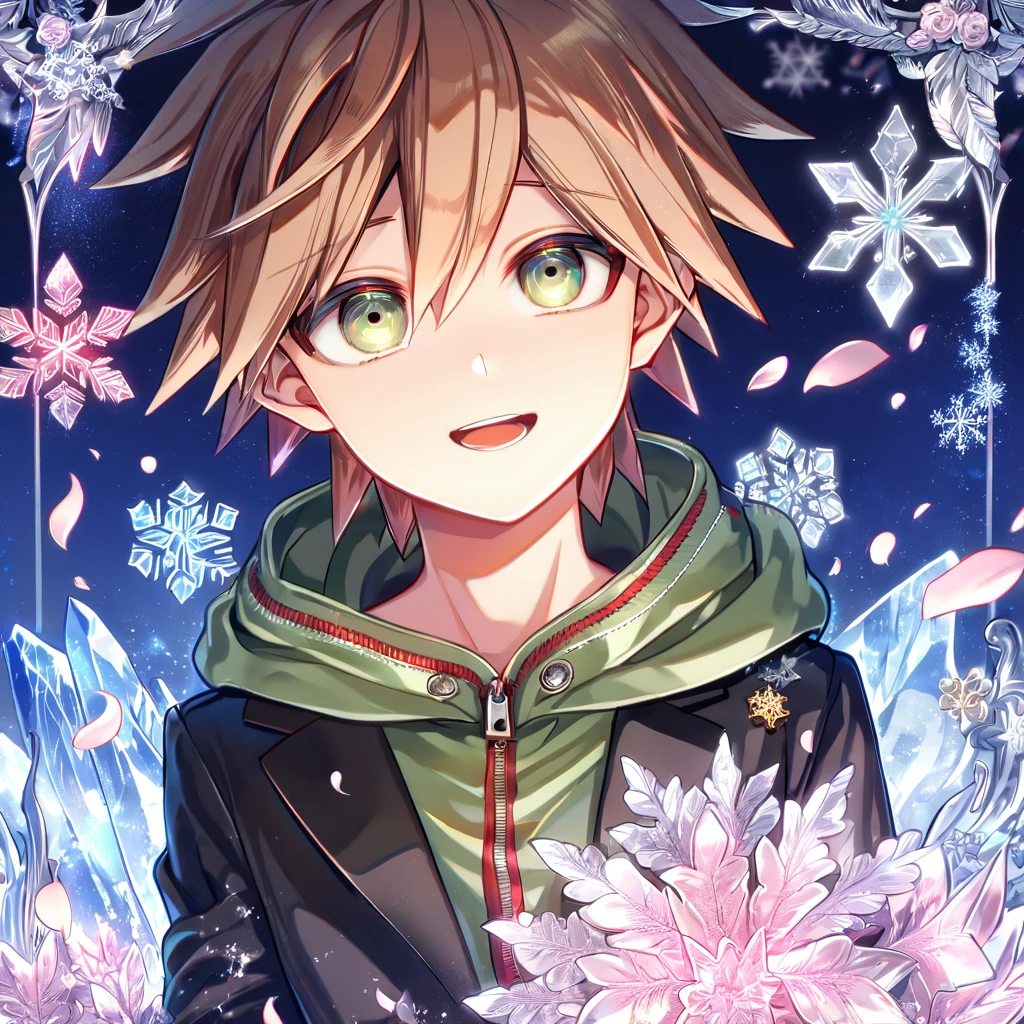 Ultra detailed, HDR, Highres, absurdres, master piece, Naegi Makoto, brown hair, expressive hazel eyes, black jacket, dull green hoodie, Danganronpa, handsome, ice glittering butterflies, ice, petals, ice pink glass flowers, glittering, fantasy, magical, snowflakes, cold, solo, sexy man, handsome smile