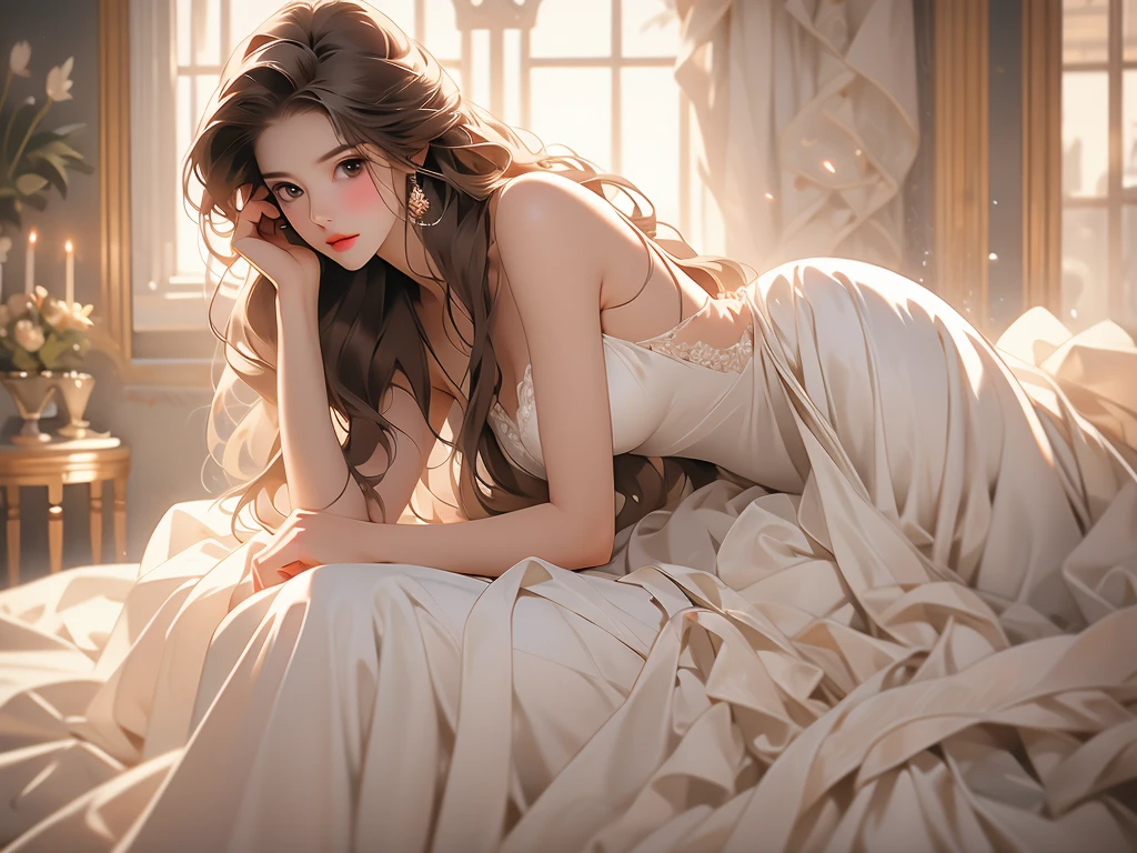 Young girl on a luxurious bed、crawling on all fours、Ultra-detailed and realistic photos、Oil painting style images、she is so beautiful, highly detailed eyes, Luscious eyelashes, Looking at me seductively, big breasts、very slim body shape、perfectly formed lips, incredibly detailed, Gentle curves create a small smile、(long and thin legs)、intricate texture, Her long curly hair flows over her shoulders、Wearing a silk nightgown、Low-intensity indirect lighting、The scene is filled with faint things., relaxed atmosphere、