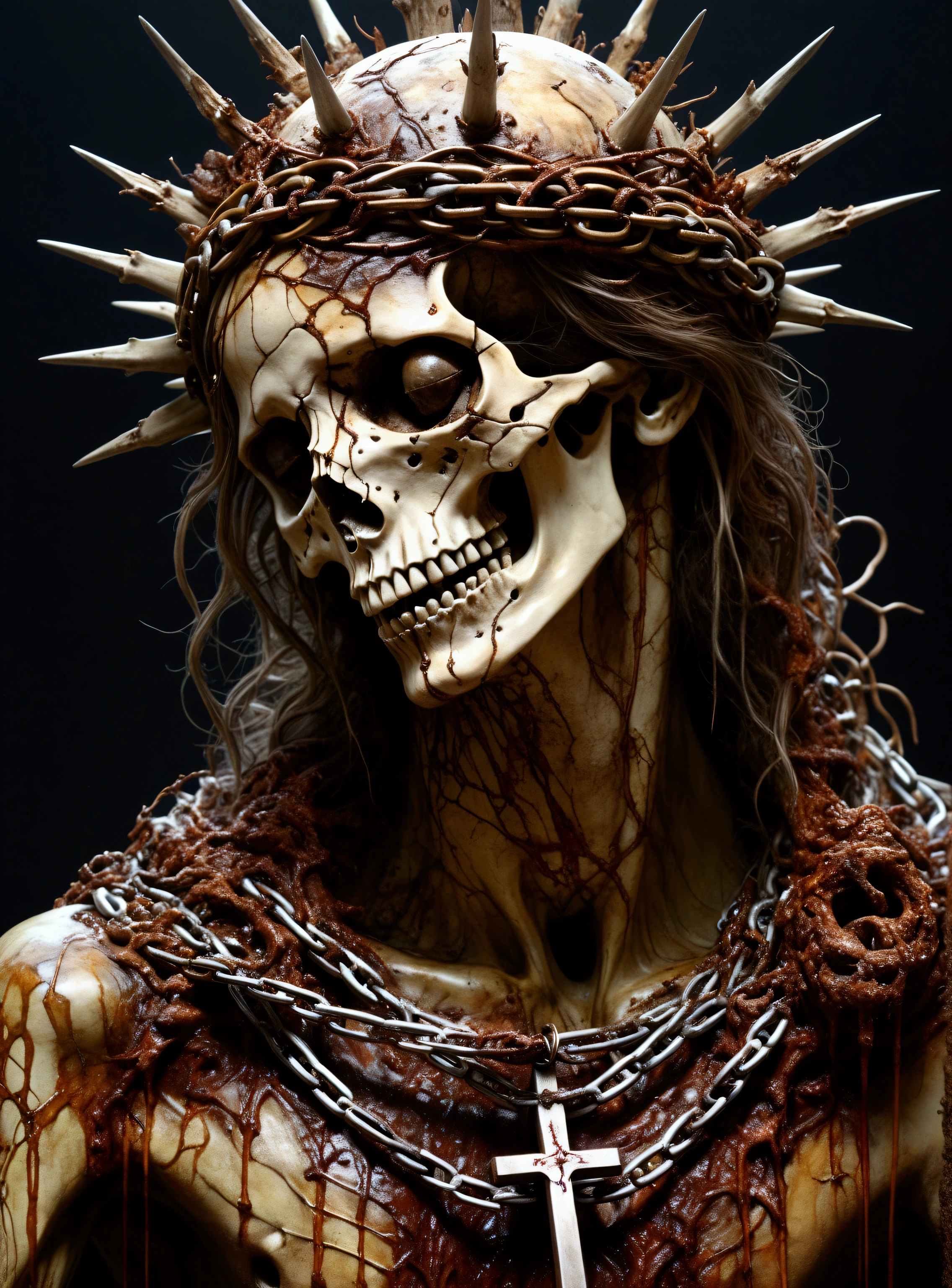 Dark ambient, Intricate Details, Studio Lights, Mystical Ambient, Mechanical, Asymmetric, Mystical Ambient, the result rendered must be made it from parts of the dead human bodies and skulls, skeletons of poisonous vipers and snakes and other reptiles, bones, worldly scum, still life should be surrounding the main objects artwork, horror, evil, hell, murdered innocents and must look very real with a blooded crown of spines, rusted and worn metallic chains and it must transmit the pain of the crucifixion of Jesus Christ, art by Carne Griffiths, Wadim Kashin, Anton Semeno aka Gloom82 and Tea Jagodic.