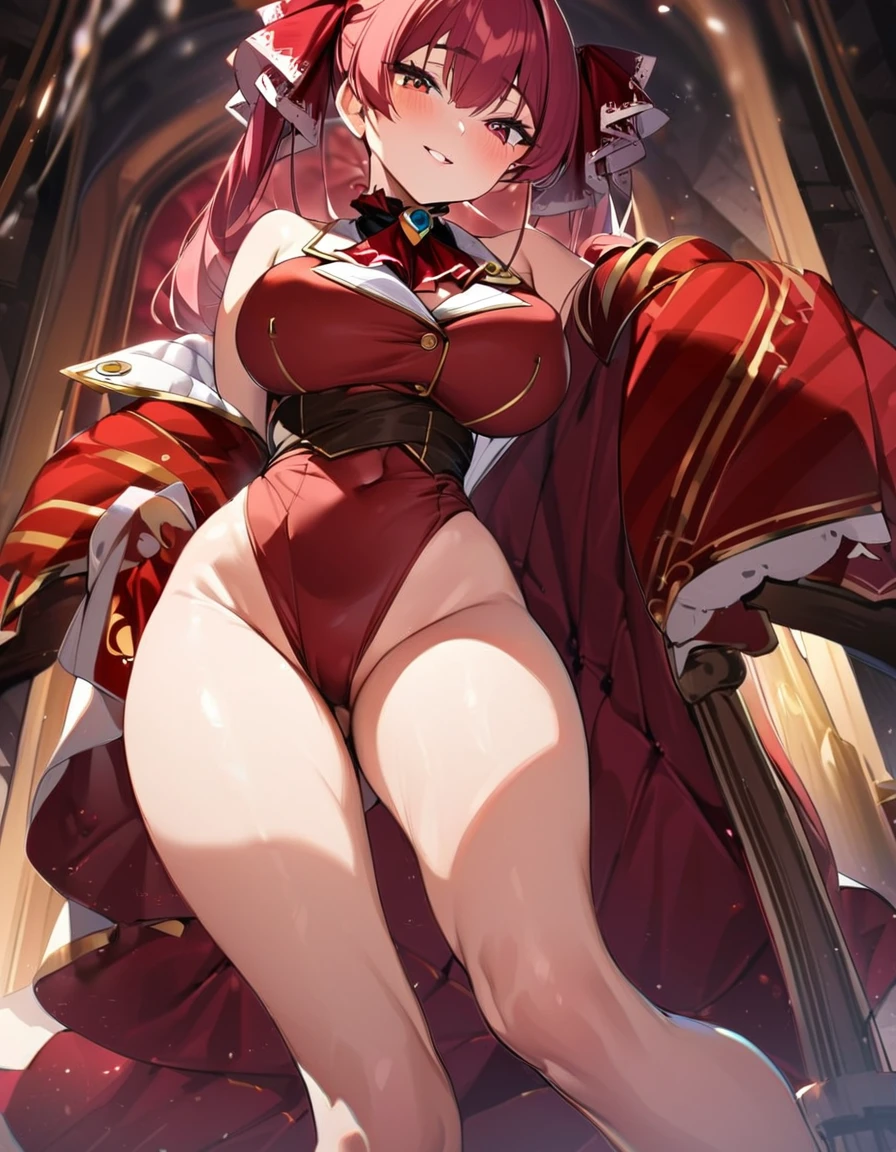 (Very delicate and beautiful:1.2)Supermodel,,Big Breasts,Beautiful breasts,Sensual,(A full-body portrait of 15-year-old Houshou Marine),(Beautiful legs),Highest quality, High resolution, 8k,Beautiful Eyes、Big Breasts ,Sexy pose towards the viewer、smile、Beautiful Eyes、Full Body Focus、Low - Angle