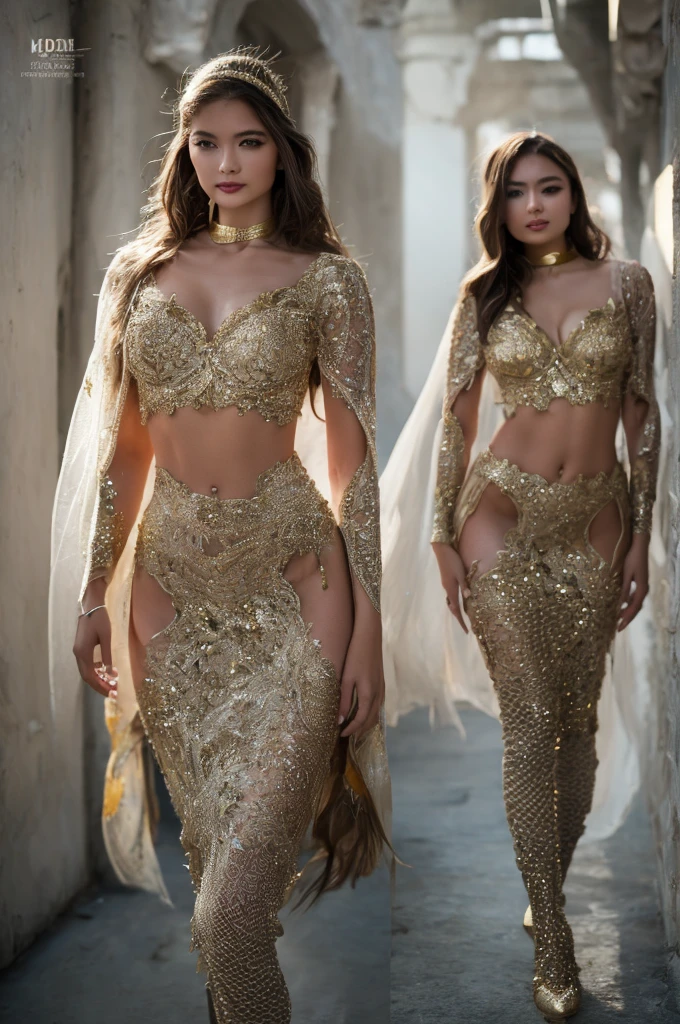 RAW Photograph,35mm,(Masterpiece),ultra photo realistic, Futuristic Galactic Theme, Imperial, Beautiful pale white skin Euro-Asian maiden,posing elegantly,(age 25,height 175cm,36-24-36 body figure,slim abs,round chest),(Indonesian Empress style),brown long hair,Beautiful White Majestic open side with gold embroidery and line cut outs long skirt gown,(white cape,white thigh boots,gold mini headband,gold choker,gold beautiful accents),intricate,lovely details,appealing view,natural lighting,ultra sharp image, Futuristic palace background, UHD,8k, (Royo,Giger)