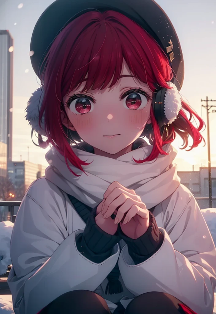 canary, Arima etc., long hair, bangs, (Red eyes:1.3), Redhead,  smile,White Breath,blush,Earmuffs,Knitted hat,Purple Scarf,White long coat,V-neck sweater,Long skirt,Black Pantyhose,short boots,snow,snow,snow,snow,snowが積もっています,snowが降る,whole bodyがイラスト入るように,Walking,
break outdoors, construction area,
break looking at viewer, whole body,
break (masterpiece:1.2), Highest quality, High resolution, unity 8k wallpaper, (shape:0.8), (Beautiful attention to detail:1.6), Highly detailed face, Perfect lighting, Extremely detailed CG, (Perfect hands, Perfect Anatomy),