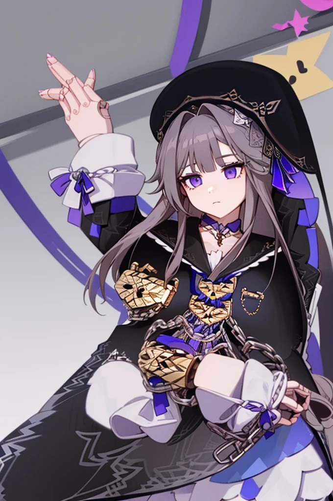 aaherta, long hair, grey hair, hair flower, beret, black headwear, joints, choker, key, sailor collar, shoulder cutout, white dress, detached sleeves, herta, star rail herta, madam herta, star rail, arms up, absolute cinema meme, arms, front, front body