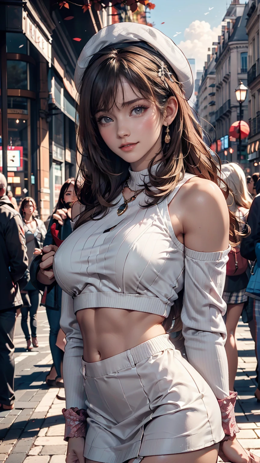 masterpiece, Highest quality, High resolution, hair 花, x Hair accessories, oversized white sweater((Sleeves are longer than the wrist)), Micro Mini Skirt、Exposed thighs、24-year-old woman、Sexy proportionature female body、Sexy proportionakeup、Textured skin((textured skin))、smile、Narrow waist、Inner Color((colored inner hair))、Vertical roll on one side((side drill))、Background blur((depth of field))、Aerial perspective((atmospheric perspective))、Red Beret、Champs-Élysées((Champs-Élysées))