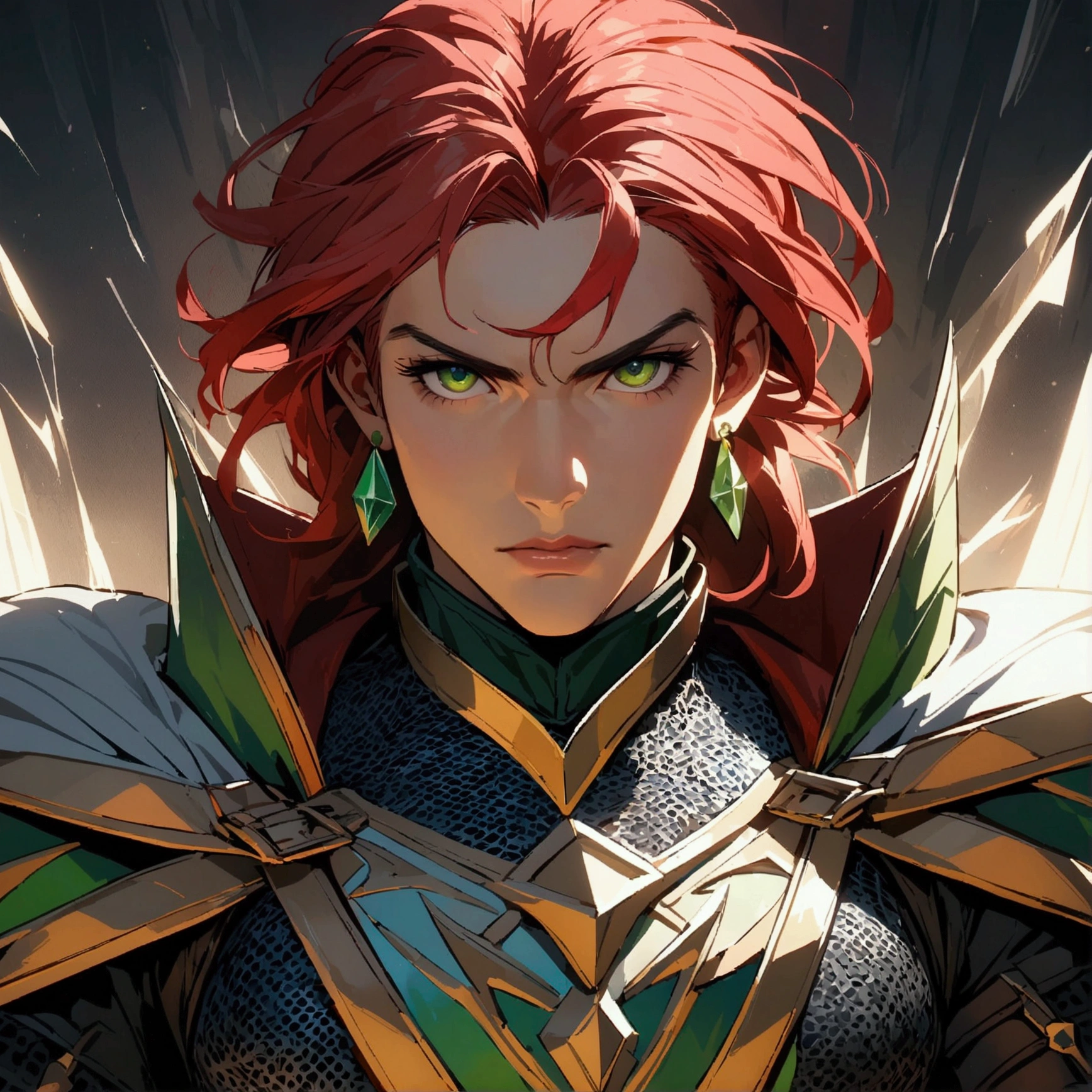 Man, strong and robust body, red hair, green eyes, green earring, chainmail, paladin tunic, serious expression, "dnd character portrait, incredibly detailed, 4k resolution, high-octane rendering, boasting high-resolution clarity, magical and intricate scenery, dramatic and impressive lighting, packed with creative details, in the style of disco elysium –s 750 –v 5.1"