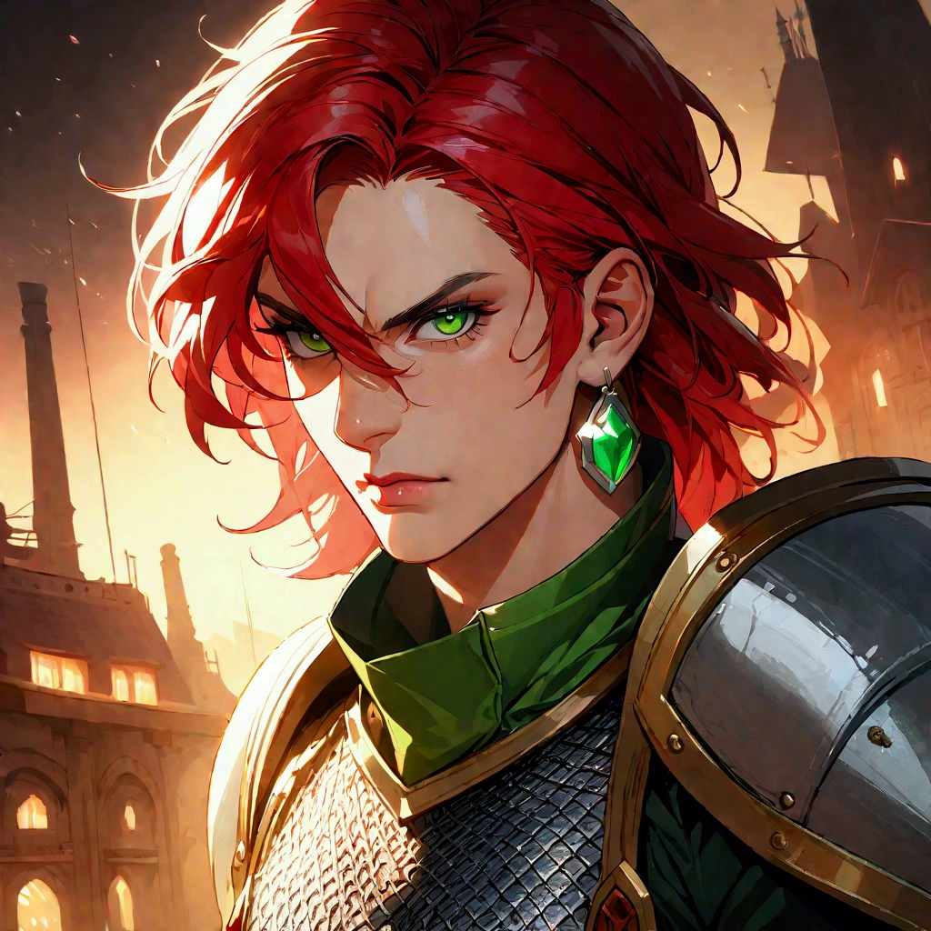 Man, strong and robust body, red hair, green eyes, green earring, chainmail, paladin tunic, serious expression, "dnd character portrait, incredibly detailed, 4k resolution, high-octane rendering, boasting high-resolution clarity, magical and intricate scenery, dramatic and impressive lighting, packed with creative details, in the style of disco elysium –s 750 –v 5.1"