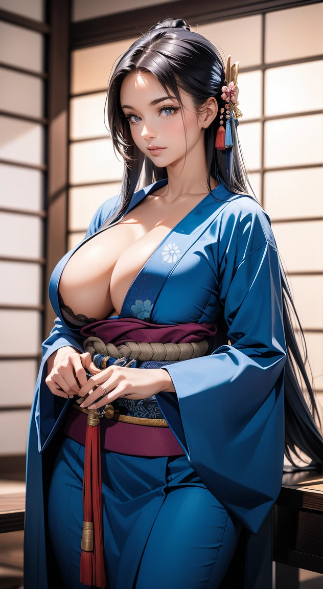 Beautiful sexy samurai, long blue hair, (( Flowing hair )), Beautiful Face, Beautiful, delicate body, Seductive body, Wearing a sexy and seductive open kimono, He uses a katana with a light blue blade. The image is of high quality, With every detail captured in extreme precision. The textures on the kimono and the intricate patterns are rendered with extreme precision. The lighting has been carefully designed to enhance the dramatic effect, With deep shadows and subtle highlights. Glue, The artwork exudes a sense of elegance and strength, Combines traditional Japanese aesthetics with a touch of modernity, very deep cleavage, large breasts, makeup,