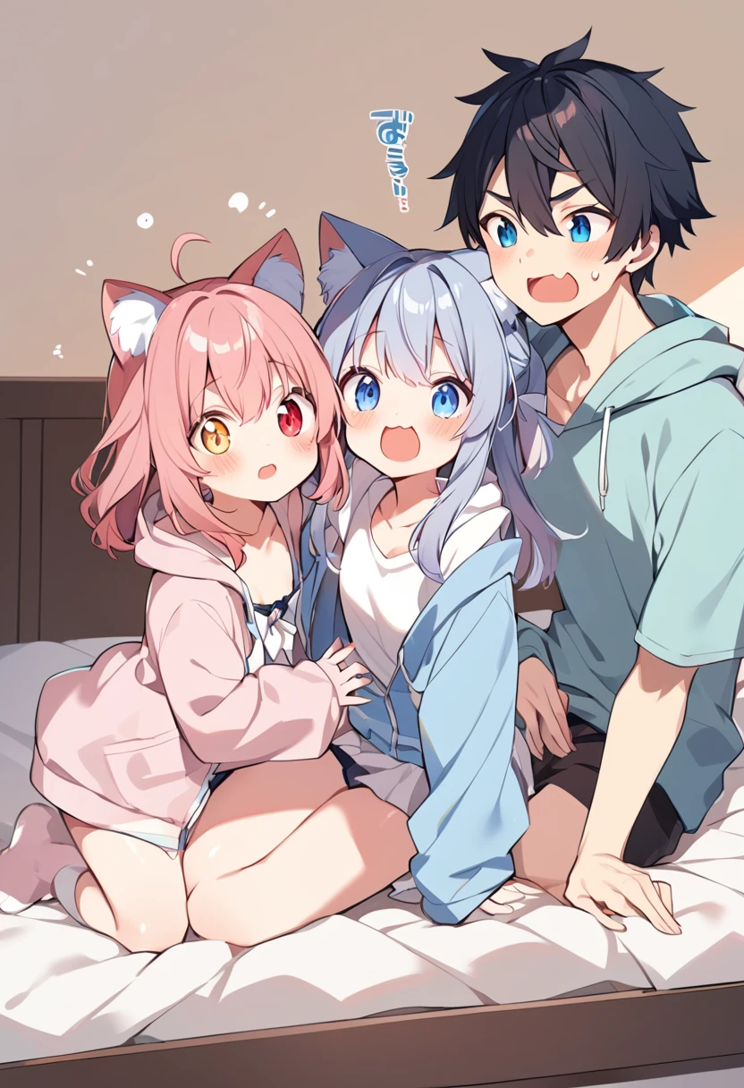 nsfw,((One Man and Two Women,Having sex)),lying down,Lift both legs,Sex,Light blue hair,Light pink hairstyles，Cat ear，Pink Eyes，light blue lolita，White socks，,Pink ribbon,Open Mouth Smile,Best image quality,Highest quality
