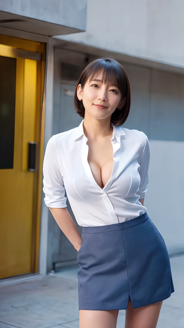 (1 woman),beauty,Beautiful Face,smile,(office lady suit:1.2),(open clothes:1.2,front open shirt:1.2,mini skirt)A dignified appearance,Plump Style,(big breasts:1.3)、(Peeking into this、Front view),Focus on the chest,Ultra-realistic,Ultra-high resolution,highest quality,8k,masterpiece,(random time,office)、The cutest Yoshioka Riho,(short bob hair:1.3),(portrait:1.2),(nipple stand:1.2),(arms behind back posing:1.4),standing,(cleavage:1.4)