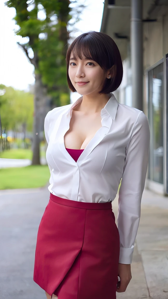 (1 woman),beauty,Beautiful Face,smile,(office lady suit:1.2),(open clothes:1.2,front open shirt:1.2,mini skirt)A dignified appearance,Plump Style,(big breasts:1.3)、(Peeking into this、Front view),Focus on the chest,Ultra-realistic,Ultra-high resolution,highest quality,8k,masterpiece,(random time,office)、The cutest Yoshioka Riho,(short bob hair:1.3),(portrait:1.2),(nipple stand:1.2),(arms behind back posing:1.4),standing,(cleavage:1.4)