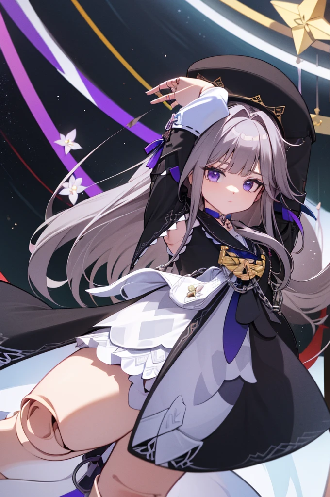 aaherta, long hair, grey hair, hair flower, beret, black headwear, joints, choker, key, sailor collar, shoulder cutout, white dress, detached sleeves, herta, star rail herta, madam herta, star rail, arms up, absolute cinema meme, arms, front, front body