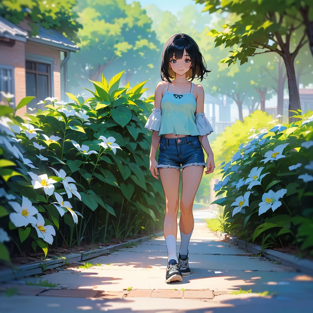 (high quality, High resolution, Very detailed, reality:1.37), Peaceful atmosphere, (Outdoor, garden), Teenage girl standing alone, (my breasts are big.), Beautiful details, Cute Smile, (Black bob hair), camisole, Denim shorts, Blue socks, sneakers.