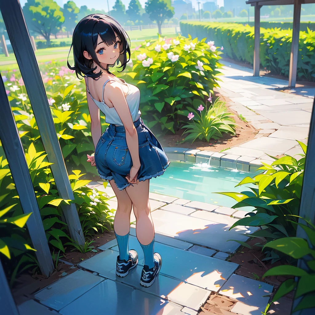 (high quality, High resolution, Very detailed, reality:1.37), Peaceful atmosphere, (Outdoor, garden), age girl standing alone, (my breasts are big.), Beautiful details, Cute Smile, (Black bob hair), camisole, Denim shorts, Blue socks, sneakers.