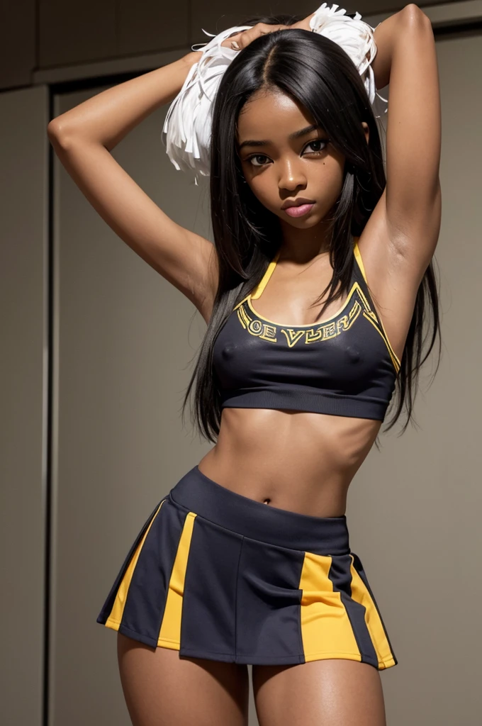 1 hot girl, dark skin, black eyes, ahegao, african, long hair, school girl, , small breasts, navel, exposing clothes, cheerleader, hand behind head, armpits, tight body, big lips