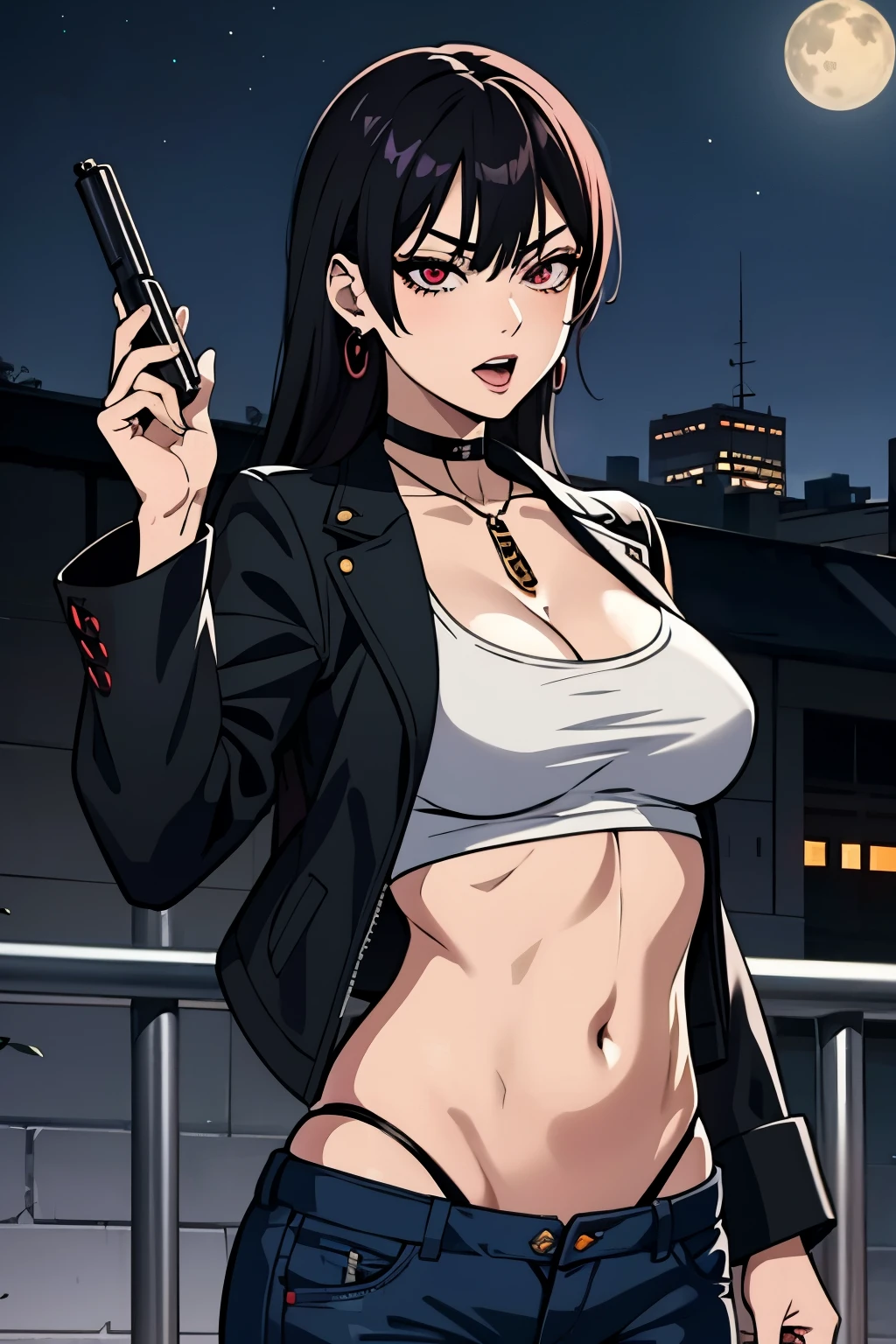 1girl, Dakeda Kaneshiro, tattoo, black hair, masterpiece anime character with long hair and red flowers, inspired by Kusumi Morikage, female anime character, , as a character in tekken, beautiful anime woman, the piercing stare of yuki onna, manhwa, yakuza girl, earrings, jewelry, long hair, blush, lipstick, Hot girl, baddie, staring, glaring, bad attitude, mean girl, dare, angry, hate, crazy, smoking, sensual, attractive, outdoors, rooftop, cityscape, building, railing, night, night sky, scenery, moon, city lights, masterpiece, best quality, highly detailed, a girls with a gun, evil smile , open mouth, sexy gaze, badass pose , evil smile, smile, (nsfw) not safe for work, guns blazing, anime girl with long hair, beautiful long haired girl, navel, evil expression, exposed belly, exposed navel, exposed midriff, exposed lower belly, long black pants, crop top, cleavage, unbuttoned leather pants ,open fly, low rise black leather pants, leather jacket, holding a gun, holding pistol