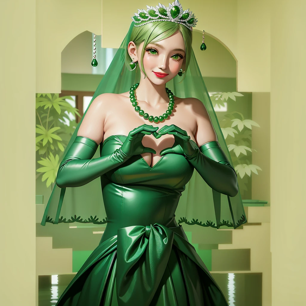 Emerald tiara, Green Pearl Necklace, ボーイッシュな非常に短いGreen Hair, Green Lips, Smiling Japanese woman, Very short hair, Busty beautiful lady, Green Eyes, Green satin long gloves, Green Eyes, Emerald Earrings, Green veil, Heart with both hands, Green Hair, Beautiful Japanese Woman, Heart shaped hands:1.3, green lip gloss, Pregnant women