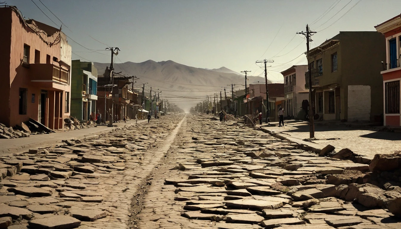 whoa, Dramatic image depicts a frightening earthquake scenario. The scene shows houses and buildings shaken due to the strong tremor in Atacama, Chile. People on the cracked street with cracks and dust raised due to the strong movement of buildings. The darkened sky makes the scenario threatening and critical.