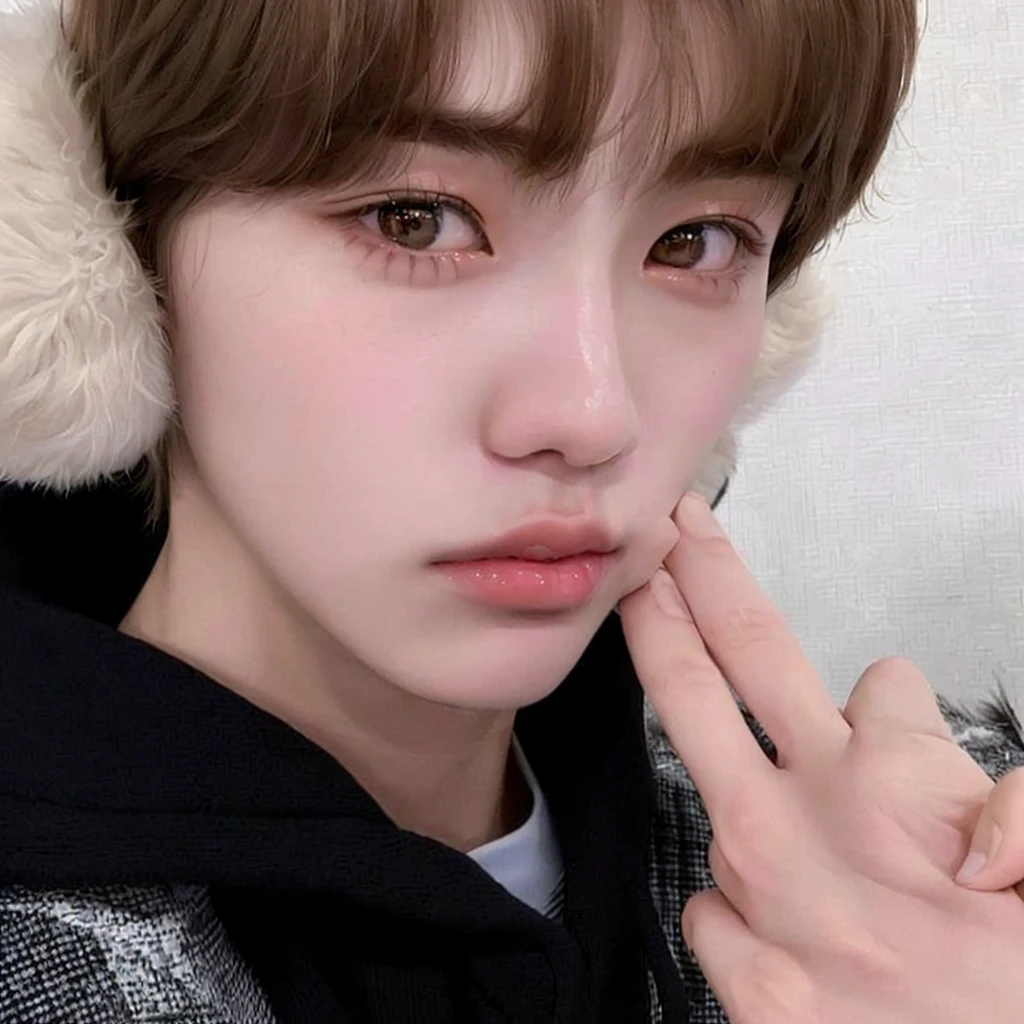 blurry image of a young man in a furry hat, Kim Doyoung, Jinyoung Shin, jung jaehyun, Jimin\the right eyelid is swollen, Tae June Kim, Jimin\fleshy lips, Jimin, adorable and pale korean face, hyung tae, 1 7 year old boy, lean face, sun yunjoo, Ulzzang spacious