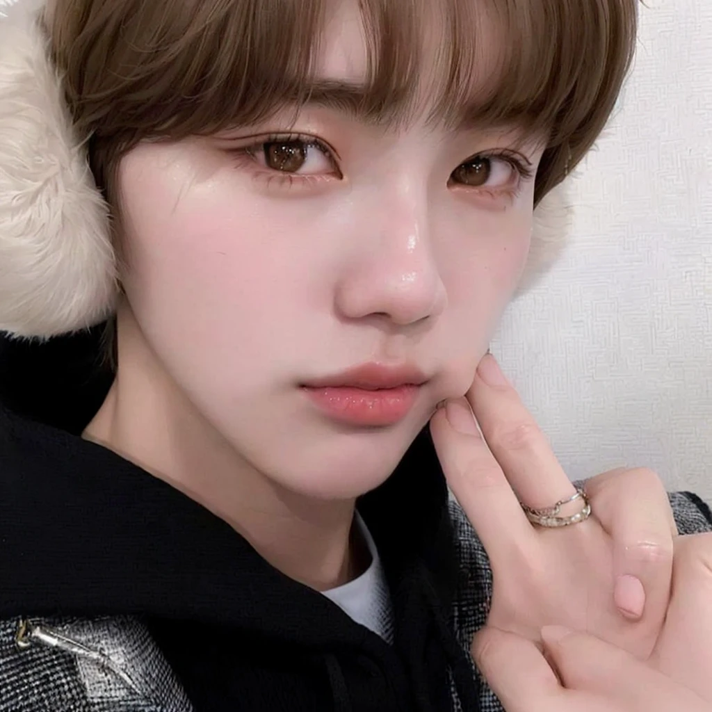 blurry image of a young man in a furry hat, Kim Doyoung, Jinyoung Shin, jung jaehyun, Jimin\the right eyelid is swollen, Tae June Kim, Jimin\fleshy lips, Jimin, adorable and pale korean face, hyung tae, 1 7 year old boy, lean face, sun yunjoo, Ulzzang spacious