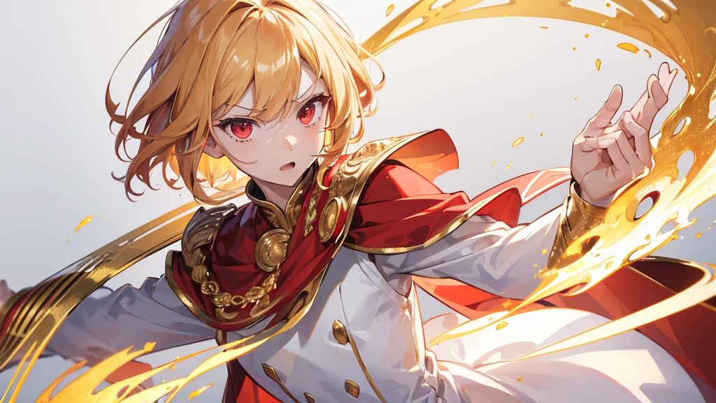 (Highest quality) (4K) (8k) (High resolution) (masterpiece:1.2) (Super detailed) One boy short hair emperor Red eyes Long sleeve Golden decoration Hair between the eyes White Dress Wavy golden hair Upper Body (White Background) front Get angry