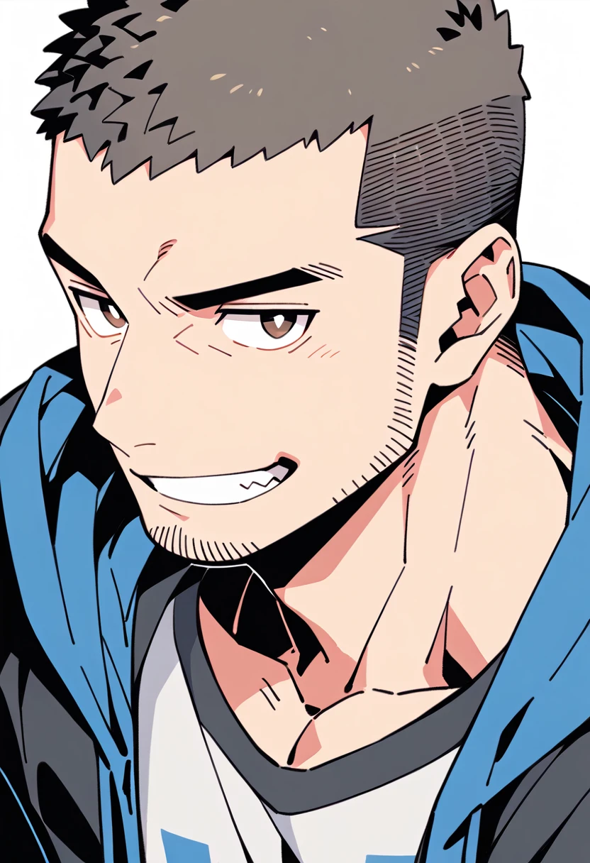 anime characters:Priapus, Muscle Sports Student, Buzz Cut, Manliness, male focus, Sports tight hooded sweatshirt, Very tight, full and perky chest muscles, muscular male, muscular, only, Upper body, alone, Red short hair, Thick eyebrows, stubble, Brown-red pupils, White background, simple background, amazing quality, best aesthetics, Ridiculous, crew cut, smirk, bright pupils, grin, negative space, negative space, best quality