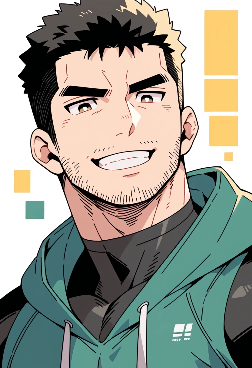 anime characters:Chris Redfield, Muscle Sports Student, Buzz Cut, Manliness, male focus, Sports tight hooded sweatshirt, Wear a black high-necked tights inside, Very tight, Huge chest muscles, muscular male, muscular, only, Upper body, alone, Red short hair, Thick eyebrows, stubble, Brown-red pupils, White background, simple background, amazing quality, best aesthetics, Ridiculous, crew cut, smirk, bright pupils, grin, negative space, best quality