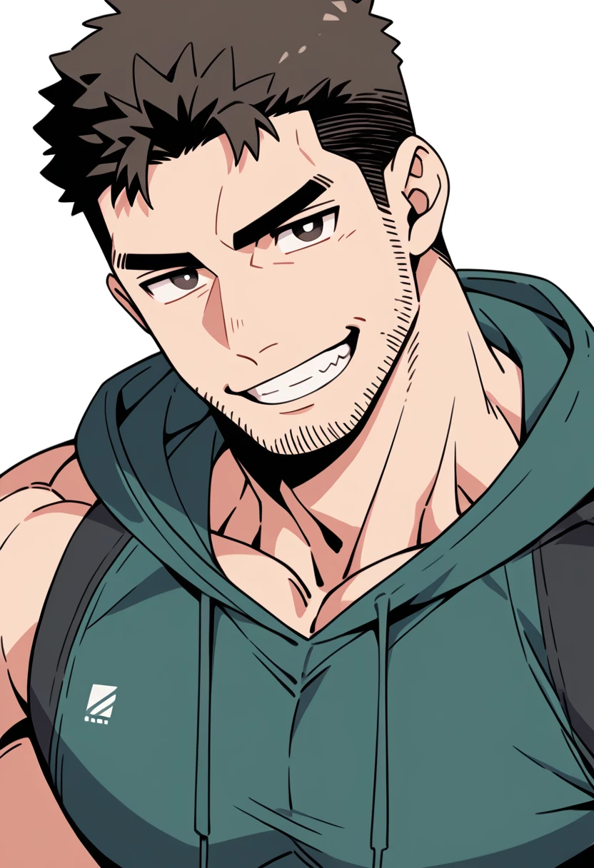 anime characters:Chris Redfield, Muscle Sports Student, Buzz Cut, Manliness, male focus, Sports tight hooded sweatshirt, Wear a black high-necked tights inside, Very tight, Huge chest muscles, muscular male, muscular, only, Upper body, alone, Red short hair, Thick eyebrows, stubble, Brown-red pupils, White background, simple background, amazing quality, best aesthetics, Ridiculous, crew cut, smirk, bright pupils, grin, negative space, best quality