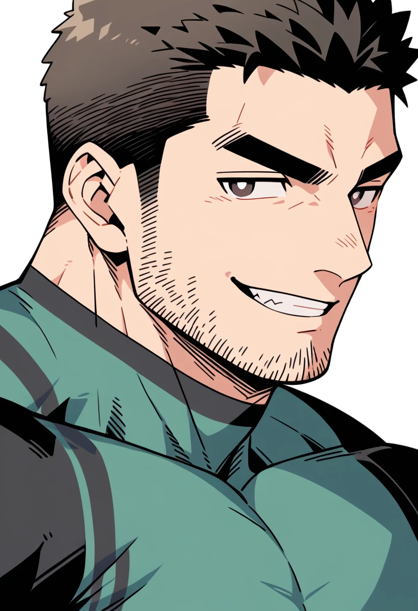 anime characters:Chris Redfield, Muscle Sports Student, Buzz Cut, Manliness, male focus, Sports tight hooded sweatshirt, Wear a black high-necked tights inside, Very tight, Huge chest muscles, muscular male, muscular, only, Upper body, alone, Red short hair, Thick eyebrows, stubble, Brown-red pupils, White background, simple background, amazing quality, best aesthetics, Ridiculous, crew cut, smirk, bright pupils, grin, negative space, best quality