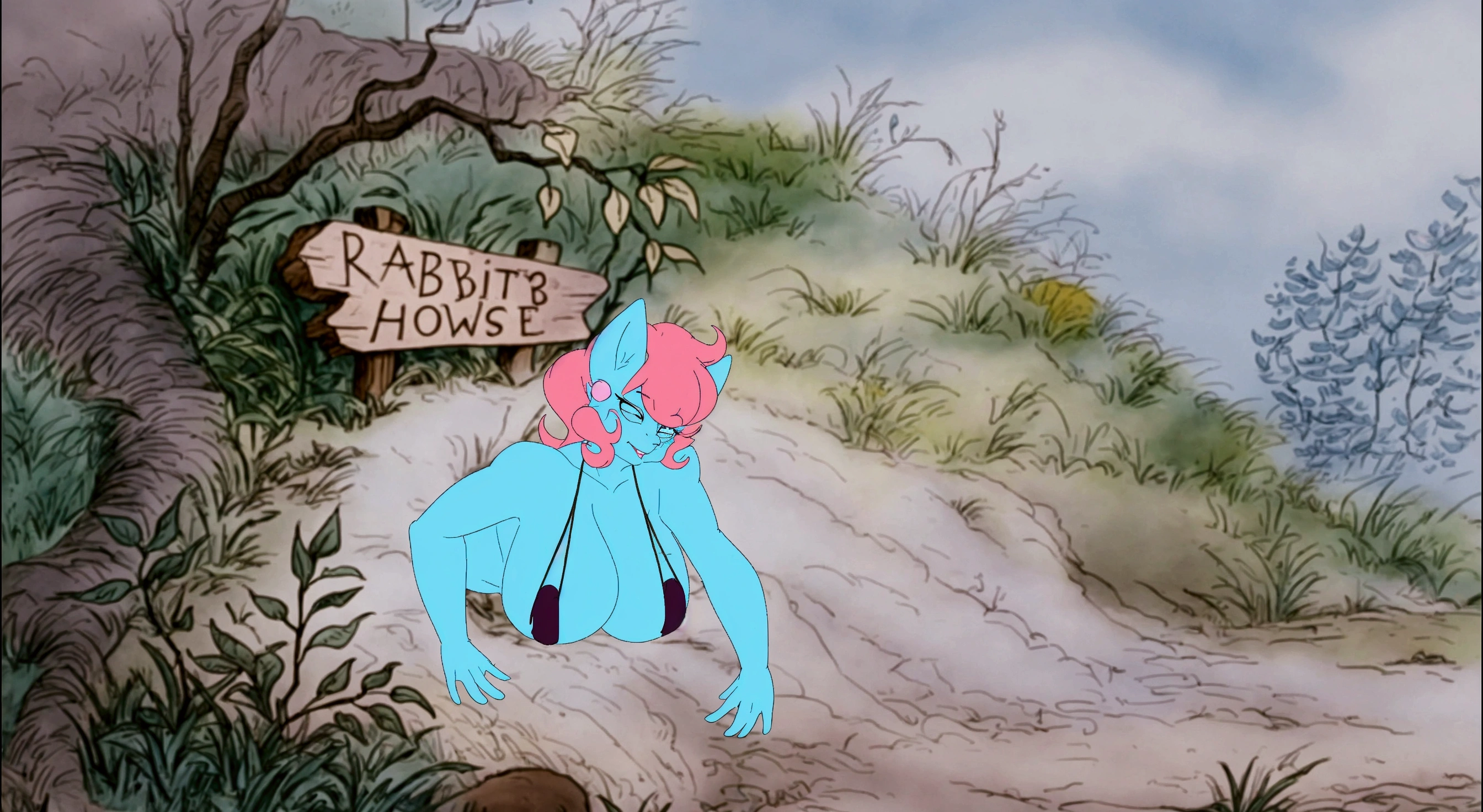 cartoon of a blue monster with a sign in the background, don bluth animation, production animation cel, don bluth!!!, don bluth!!, shaded animation cel, inspired by Don Bluth, disney 2d animation still, in style of disney animation, disney 2d traditional animation, the bunny has pink fur, the rabbit has pink fur
