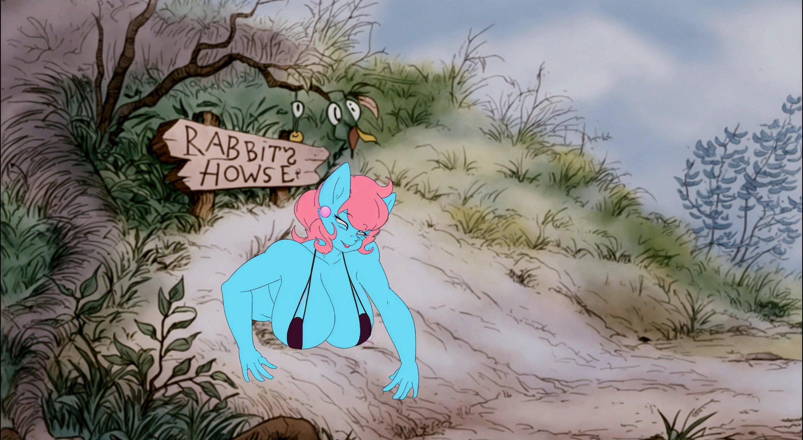cartoon of a blue monster with a sign in the background, don bluth animation, production animation cel, don bluth!!!, don bluth!!, shaded animation cel, inspired by Don Bluth, disney 2d animation still, in style of disney animation, disney 2d traditional animation, the bunny has pink fur, the rabbit has pink fur