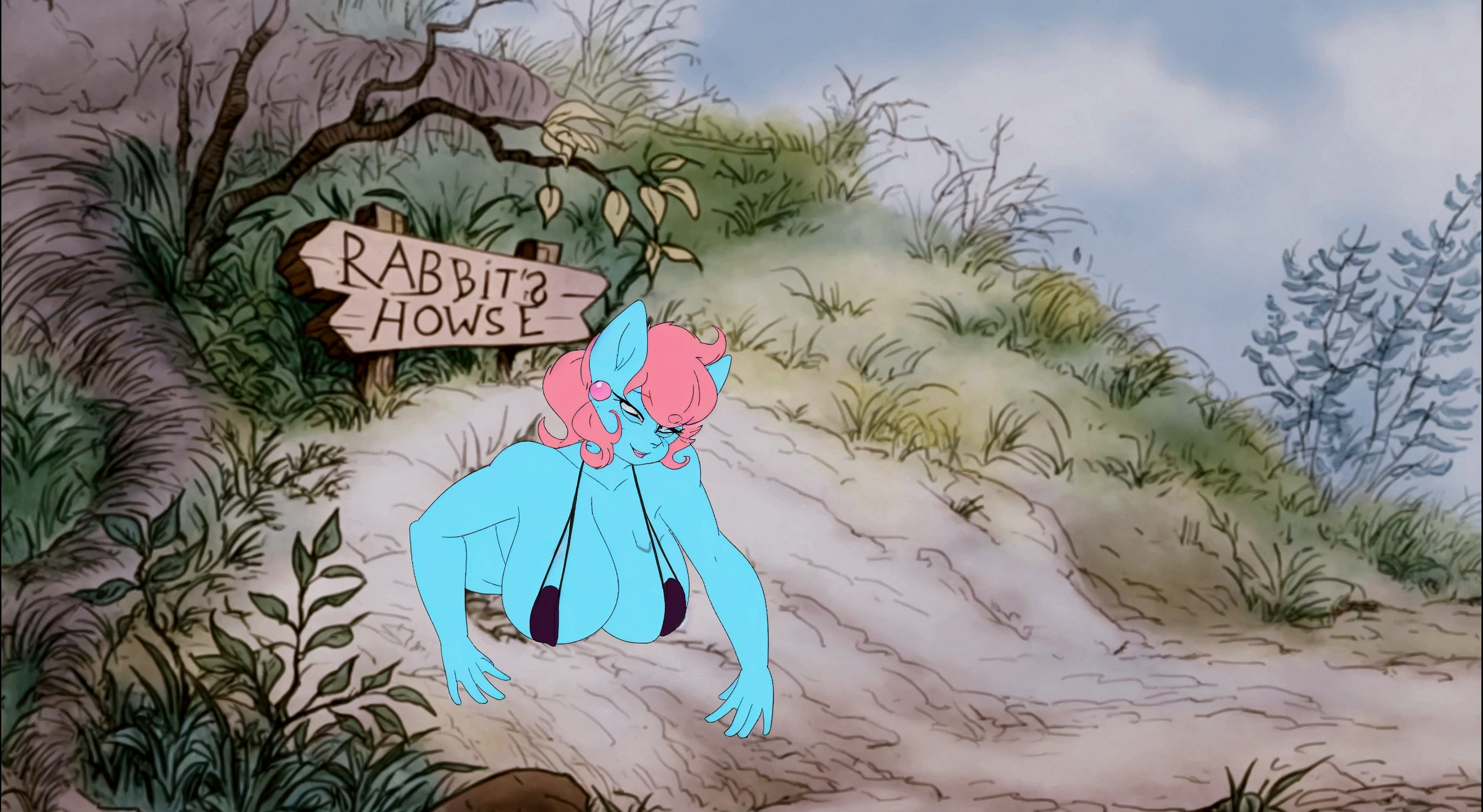 cartoon of a blue man with a red hat and a sign, inspired by Don Bluth, on top of a hill, fun pose, 🐎🍑, 2d art, 2 d art, don bluth!!!, slightly sunny weather, cel-shaded:17, mlp fanart, bending over, don bluth!!, sylveon, commission for high res