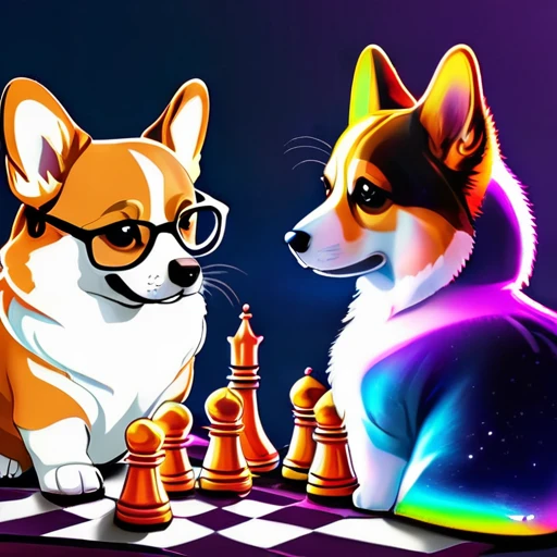 psychedelicstyle magic beamMake me a photo of cute corgi and cute American shorthaircat playing chess.