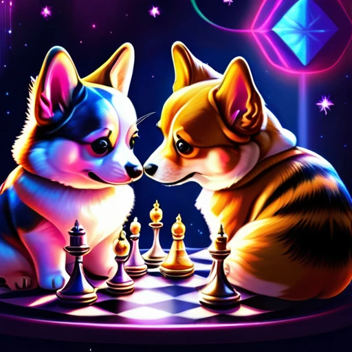 psychedelicstyle magic beamMake me a photo of cute corgi and cute American shorthaircat playing chess.