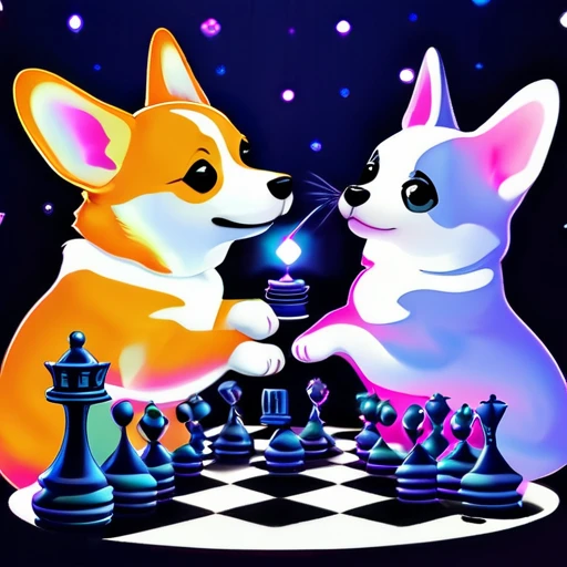 psychedelicstyle magic beamMake me a photo of cute corgi and cute American shorthaircat playing chess.