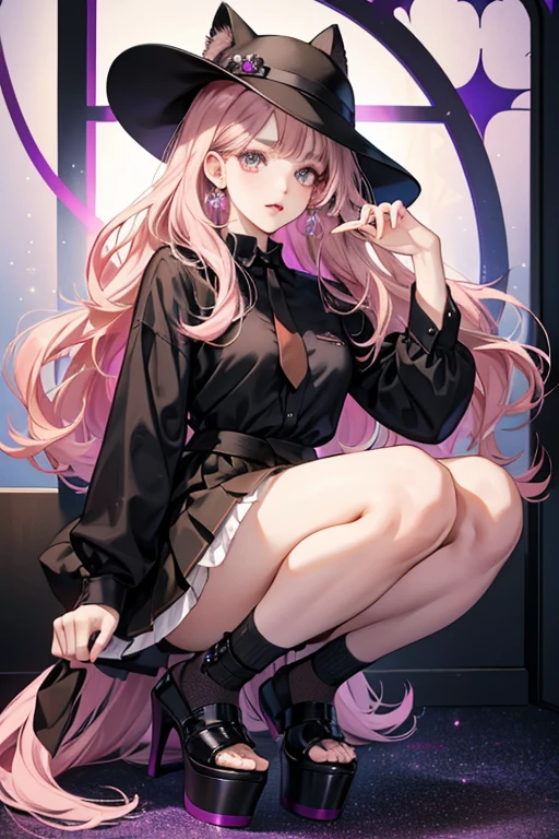 Katherine has fair pale skin, and wavy brown-pink ombre hair that is below her waist. She has big brown eyes and pale brown lips, Her accessories consist of a fluffy cat hat.
Her outfit consists of a black shirt with black ties that says "I cat Cats". She wears a purple pleated skirt, Her shoes are purple platform heels with white soles. The shoes also has cat details and she wears it with fishnet socks with white trimming. SPARKLE; GLITTER