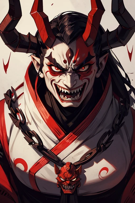 A face of Hannya, with short horns and an expression of anger and jealousy. Eyes can be piercing, with arched eyebrows and an open mouth, showing sharp teeth. The mask can have a metal or wood finish, with deep shadows to enhance the intensity.