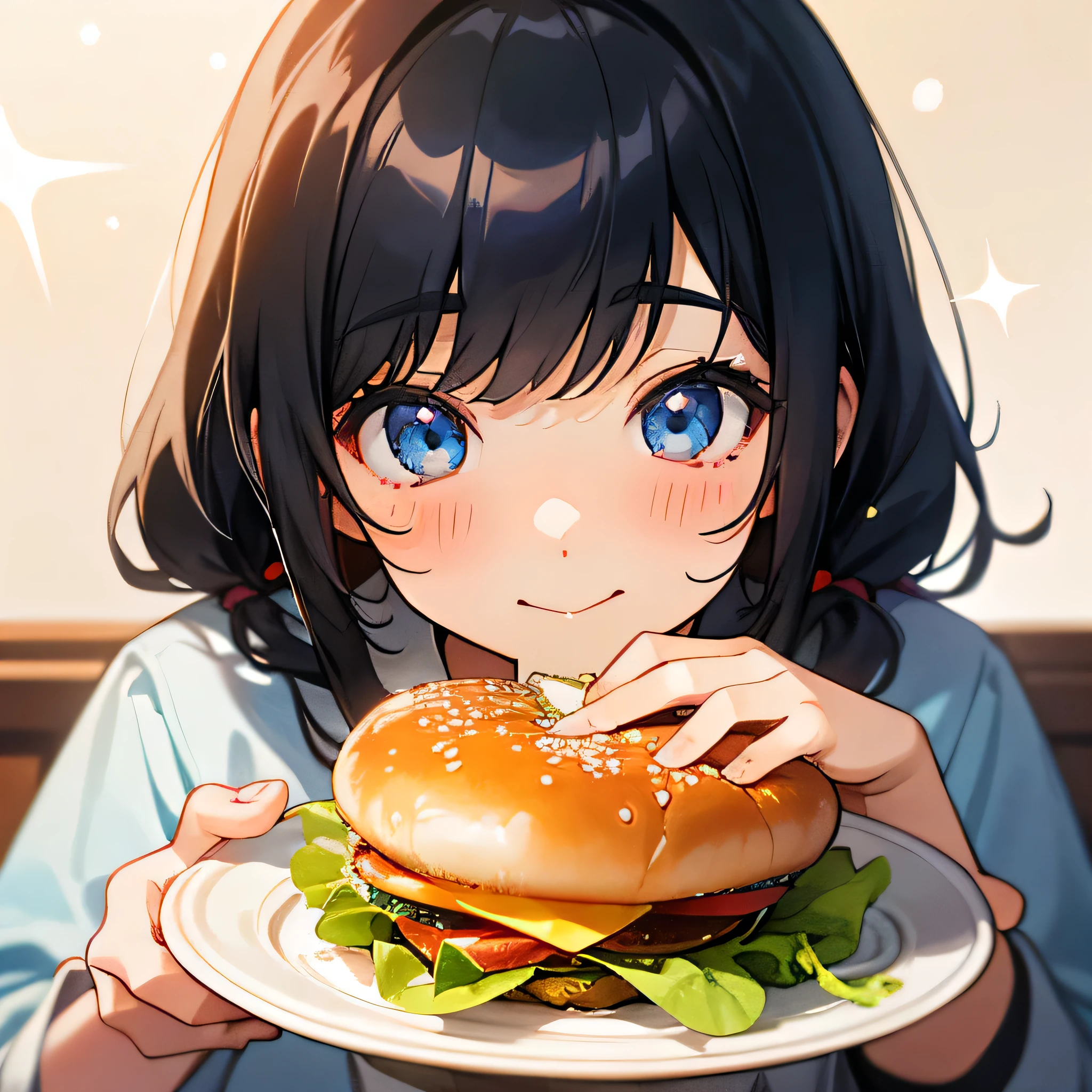 (Highest quality,High resolution,Very detailed),女の子がhamburgerを食べている, smile,girls school shirt,ribbon,Black Hair, blue eyes, hand to own mouth, hamburger, cup, lettuce, fruit, tomato, Onion, bowl, Bokeh Background, food, closeup at the food, Still life, Blurred, Depth of written boundary, vegetables, cheese,Sparkle Effect,Heart Effect