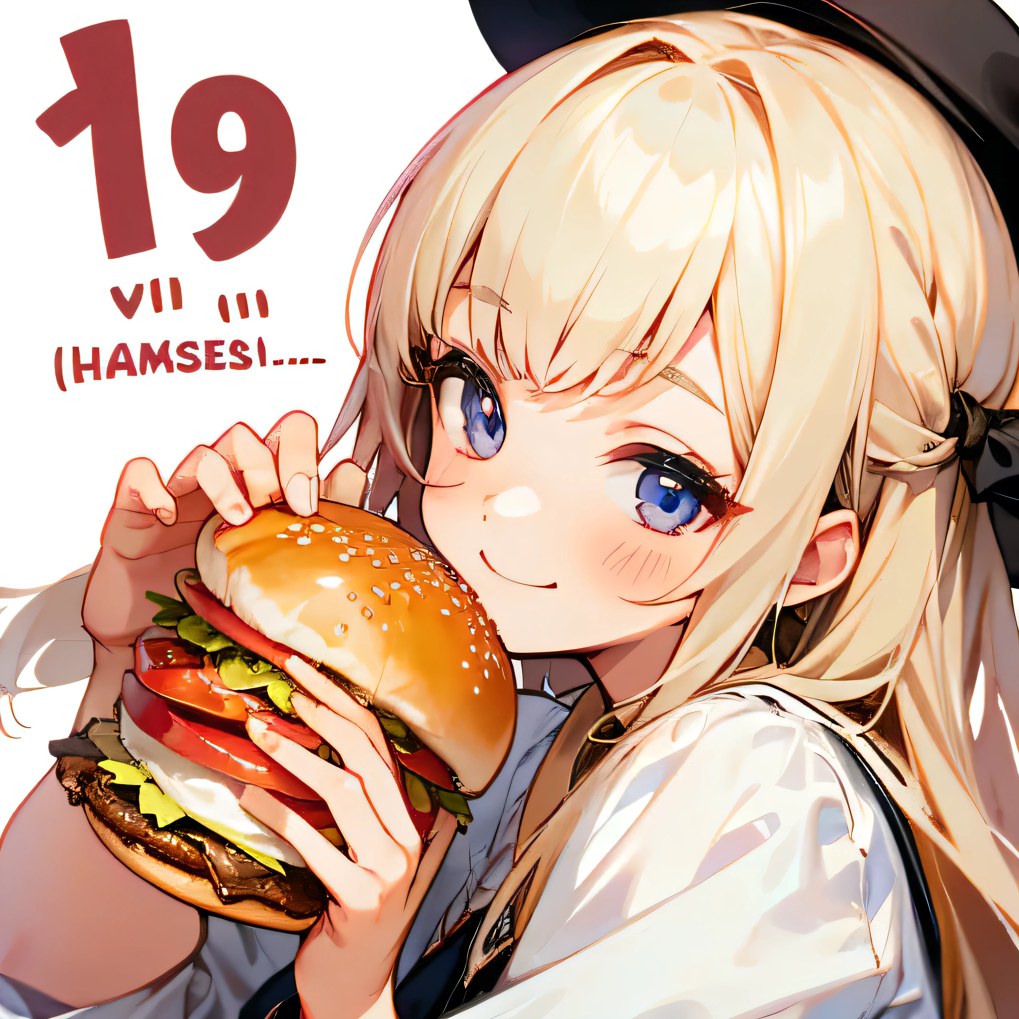 (Highest quality,High resolution,Very detailed),女の子がhamburgerを食べている, smile,Girls&#39; school white shirt,ribbon,Blonde, blue eyes, hand to own mouth, hamburger, cup, lettuce, fruit, tomato, Onion, bowl, Bokeh Background, food, closeup at the food, Still life, Blurred, Depth of written boundary, vegetables, cheese,Sparkle Effect,Heart Effect