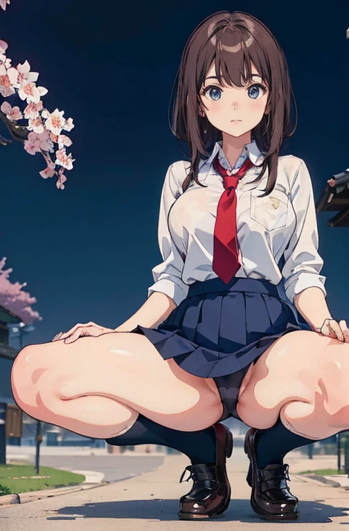 Anime Kawaii sexy Perfect Slim sensual body large breast and huge thighs, An intricate and highly detailed illustration of anime ( girl). in 8K,maximum quality,Actual image,details Intricate,超High resolution,field of depth,masseter part,soft natural light,professional lighting,1 girl in,(cute:1.2),an extremely beautiful 17 ye,A detailed eye,((eyes browns)),(chestnut hair),(shorth hair),(bangss),perfect skin,shining skin,fair and white skin,thin skin,large full breasts,((Perfect Anatomia,beautiful hand,perfect hand,Five fingers connected to the palm,precise hands without incongruity)),Perfect raw legs,Delicate legs,perfectly proportioned,A sexy,Visible chest,((Japan uniform)),((School Uniform Mini Skirt)),(necktie),blackstockings,Chano leather shoes,Crouched deep in the city,The crotch is visible,Show me your panties around town,both legs are bent,The legs are open in an M shape,,I can see panties,Delicate thighs visible from the front