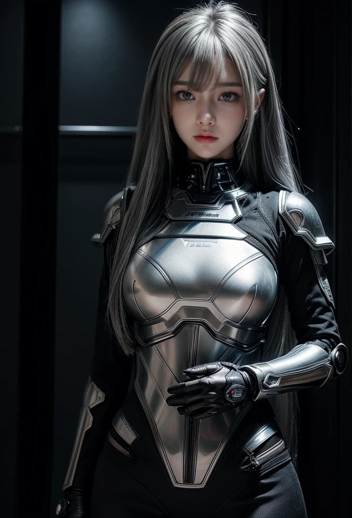 cyber angel,machine wing,{{Sci-Fi Armor}},cyber suit,cyberpunk,science fiction,cyber battle armor,Battledress,Military Uniforms,pants,black military uniform,whole body,Height: 168cm,almond shape eyes,{{{{{silver eyes}}}}},{{{{{dull bangs}}}}},(slanted eyes},{{whole body},{{{1 girl}}}, long hair, straight hair,{{{{silver hair}}}},{{{tsurime}}},30 years old,{Medium chest},{{bush}},silver eyes,{{{masterpiece}}}, {{{highest quality}}}, {{Super detailed}}, {shape}, {{very delicate and beautiful}},very detailed,detailed perfect,detailed hyper,Abundant thighs,big ass,black clothes