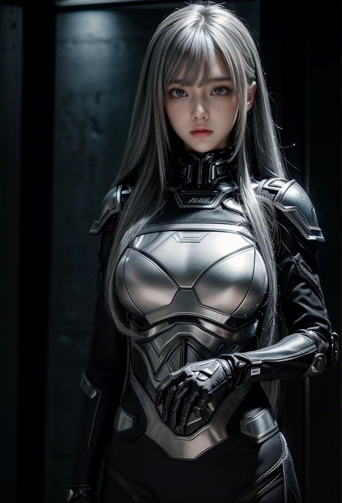 cyber angel,machine wing,{{Sci-Fi Armor}},cyber suit,cyberpunk,science fiction,cyber battle armor,Battledress,Military Uniforms,pants,black military uniform,whole body,Height: 168cm,almond shape eyes,{{{{{silver eyes}}}}},{{{{{dull bangs}}}}},(slanted eyes},{{whole body},{{{1 girl}}}, long hair, straight hair,{{{{silver hair}}}},{{{tsurime}}},30 years old,{Medium chest},{{bush}},silver eyes,{{{masterpiece}}}, {{{highest quality}}}, {{Super detailed}}, {shape}, {{very delicate and beautiful}},very detailed,detailed perfect,detailed hyper,Abundant thighs,big ass,black clothes