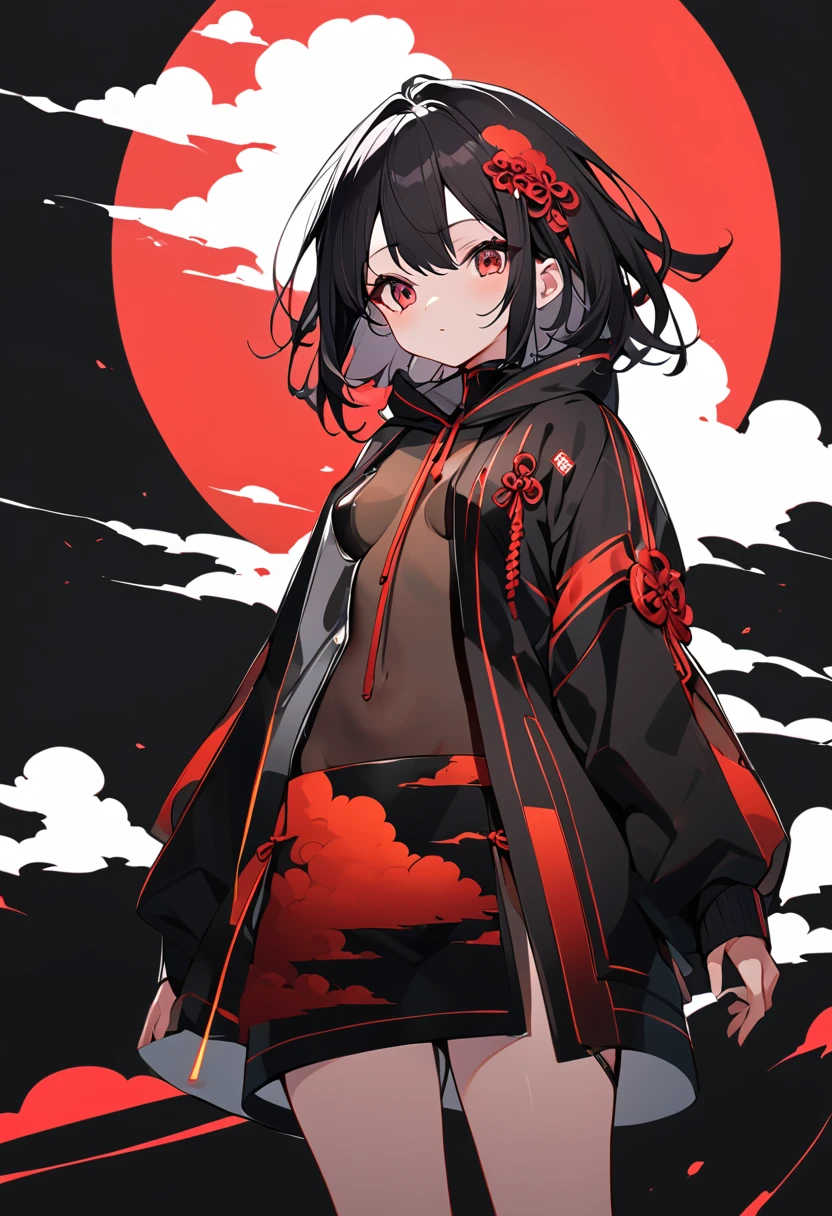 Red Cloud,Girl with red cloud motif,sexy,Accentuated body lines,Pitch black background,Ultra see-through Japanese style hoodie,(A body line where clothes are visible),See-through inner,Angle from below,See-through waist,See-through breasts,A see-through belly,Closed hem design,Very small breasts