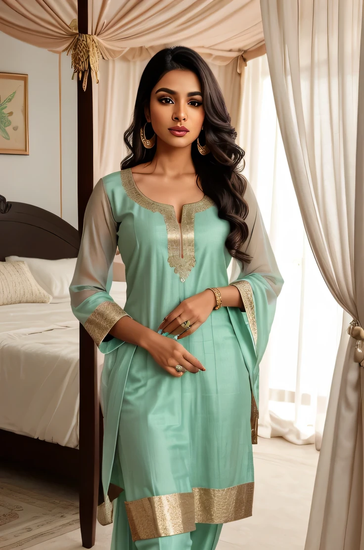Create an ultra-realistic image of a modern, attractive female influencer of Indian descent, aged between 27 to 30. She should have a warm and inviting smile, expressive almond-shaped eyes with a slight shimmer, and clear, glowing skin with a medium brown complexion. Her features should be well-defined, with high cheekbones and a sharp jawline. Her hair should be long, thick, and wavy, with a natural shine and bounce, styled in loose waves, and colored a deep, reddish-purple hue that’s bold yet sophisticated. She should have a slender yet athletic build, reflecting a healthy and active lifestyle, with a medium bust size (44-46 inches) that offers versatility in fashion. She is wearing a mint green chiffon Patiala salwar suit with a boat neck and delicate lace detailing, highlighting her toned figure. Her outfit is completed with stylish black heeled sandals that add elegance to her look. She accessorizes with subtle yet chic jewelry, such as small hoop earrings and a few thin bangles. The background should be an elegant bedroom with mint green walls, a canopy bed draped in soft green fabric, and gold accents, suggesting a luxurious and serene environment. Her overall appearance should exude confidence, approachability, and sophistication, capturing the essence of a contemporary Indian fashion influencer.