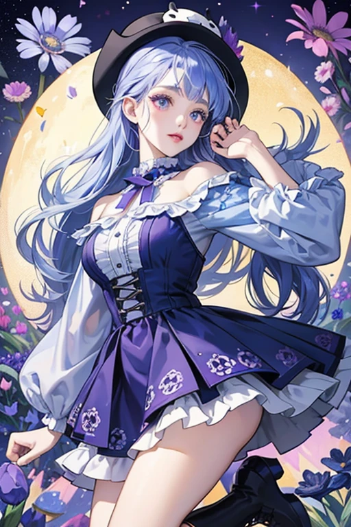 Melanie has pale skin, and straight indigo hair. She has big periwinkle eyes and pale red lips, Her accessories consist of a fluffy bunny hat. Her eyes also has a painted purple daisy-like flower.
Her outfit consists of a one piece dress with tie-dye look to it, The colors are indigo, purple, blue and lilac, Her shoes are also black knee-high boots with indigo, blue, and purple flowers design. SPARKLE; GLITTER