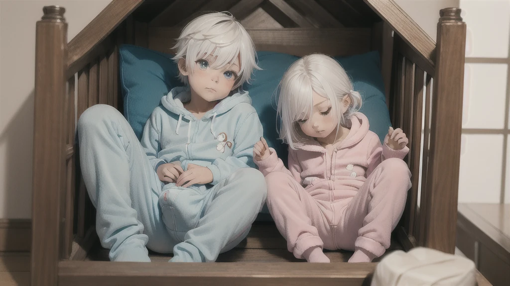 an anime image of a small boy with white hair wearing a thick diaper underneath fox hoodie-footie pjs, hoodie-footie pjs, sleeping in a crib, nursery, (1boy), adorable, masterpiece, extremely detailed, beautiful eyes, sharp focus, vivid colors, studio lighting, intricate details, soft textures, cozy atmosphere, high quality, hood down,
