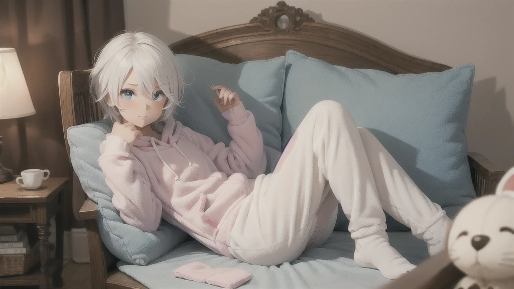 an anime image of a  boy with white hair wearing a thick diaper underneath fox hoodie-footie pjs, hoodie-footie pjs, sleeping in a crib, nursery, (1boy), adorable, masterpiece, extremely detailed, beautiful eyes, sharp focus, vivid colors, studio lighting, intricate details, soft textures, cozy atmosphere, high quality, hood down,
