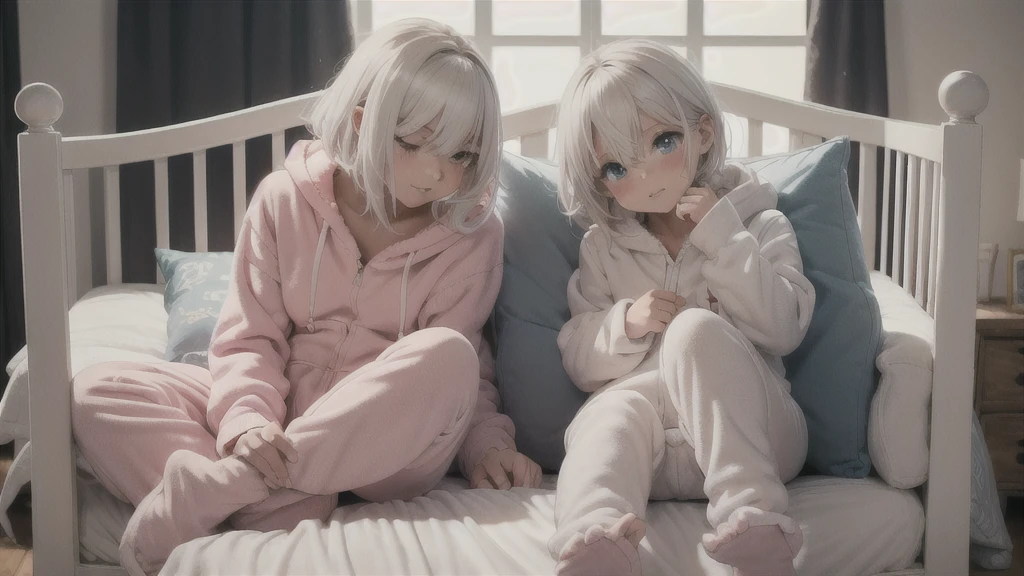 an anime image of a small boy with white hair wearing a thick diaper underneath fox hoodie-footie pjs, hoodie-footie pjs, sleeping in a crib, nursery, (1boy), adorable, masterpiece, extremely detailed, beautiful eyes, sharp focus, vivid colors, studio lighting, intricate details, soft textures, cozy atmosphere, high quality, hood down,
