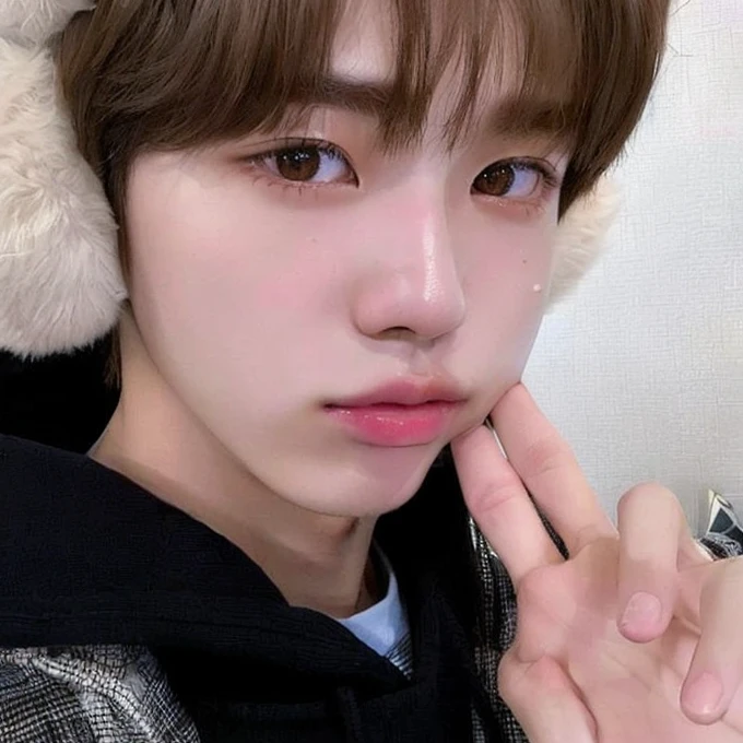 blurry image of a young man in a furry hat, Kim Doyoung, Jinyoung Shin, jung jaehyun, Jimin\the right eyelid is swollen, Tae June Kim, Jimin\fleshy lips, Jimin, adorable and pale korean face, hyung tae, 1 7 year old boy, lean face, sun yunjoo, Ulzzang spacious