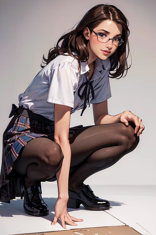(feminine:1.4),(rule of thirds:1.4), ((ultra realistic illustration:1.3)).18yo (Athletic:0.8) brunette woman, blue eyes, (long hair:0.9), tomboy, cute, small breasts,(smile),eyeglasses,blouse,plaid skirt,pantyhose,kitten heel shoes with straps,((virgin)). Masterpiece, best quality,(highly detailed:1.2),(detailed face and eyes:1.2), 8k wallpaper, depth of field, natural lighting. core shadows, high contrast, bokeh. cinematic, atmospheric, contrast, intricate